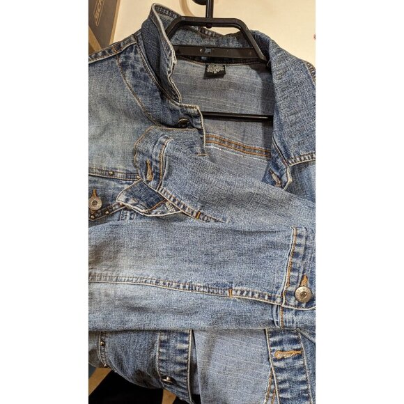 Mechant denim jean Jacket size M blue inset print floral studded - Picture 5 of 8